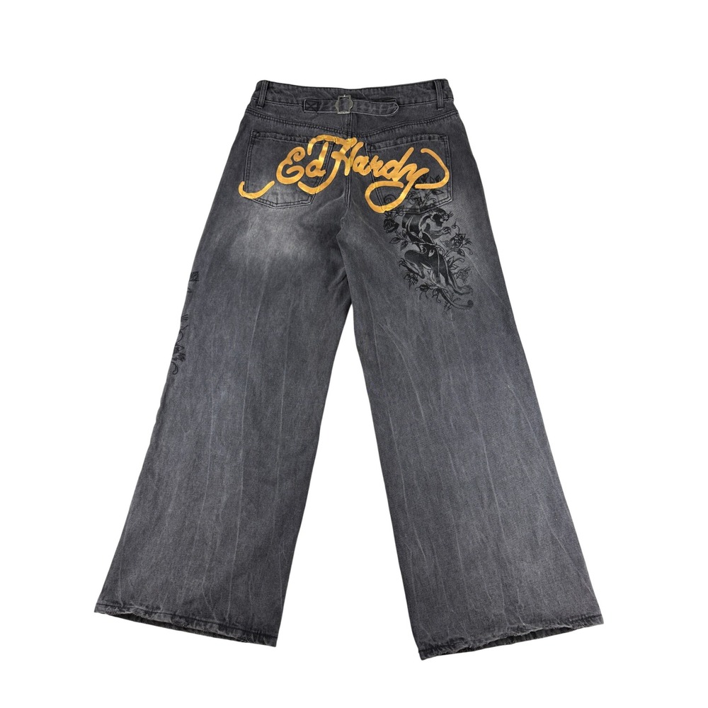 Ed Hardy Wide Leg Jeans Black Faded Tattoo Embroidered Death Before Dishonor 30